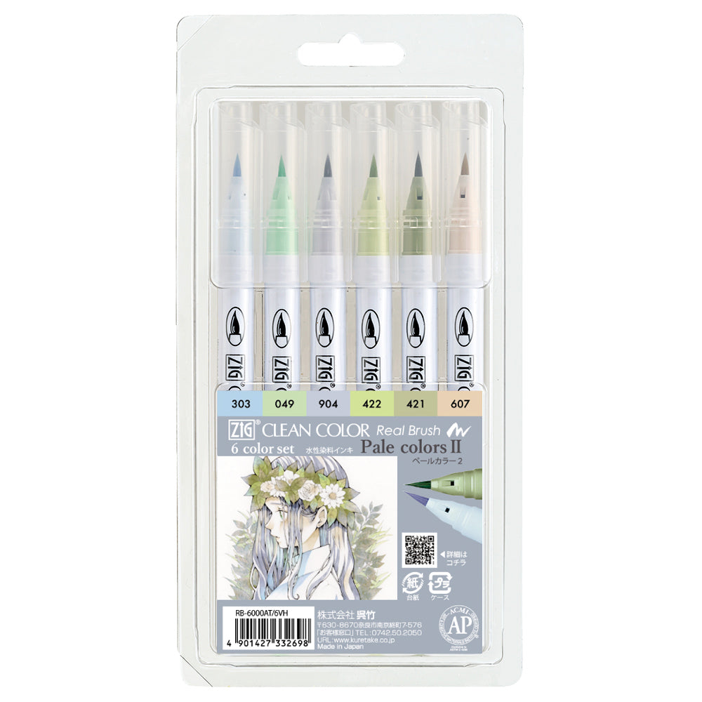 ZIG CLEAN COLOR Real Brush Pale Color II - Set of 6 (RB-6000AT/6VH)