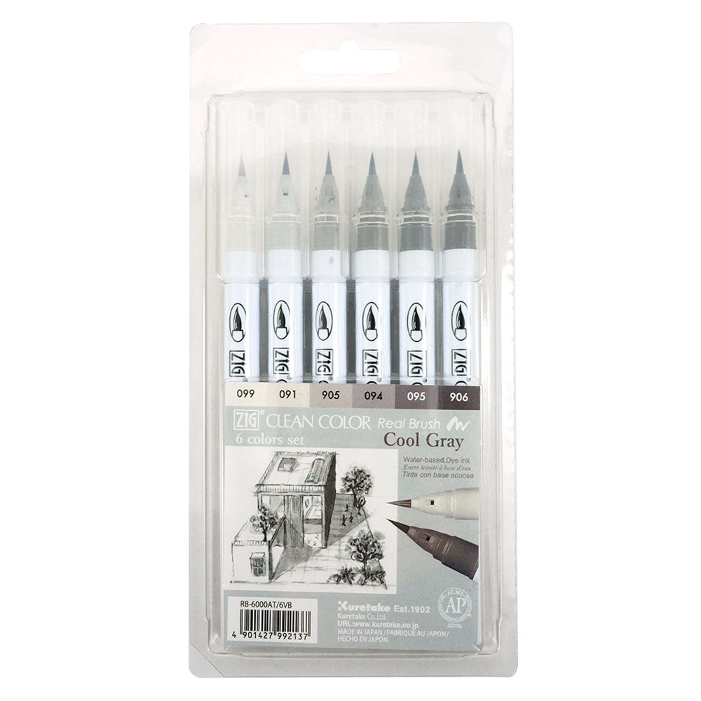 ZIG CLEAN COLOR Real Brush Cool Gray 6-Color Set (RB-6000AT/6VB)