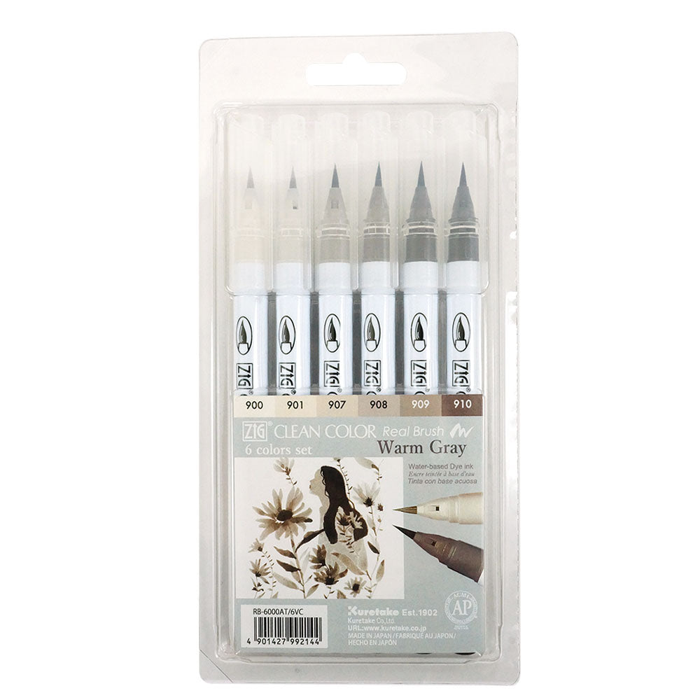 ZIG CLEAN COLOR Real Brush Warm Grey, Set of 6 (RB-6000AT/6VC)