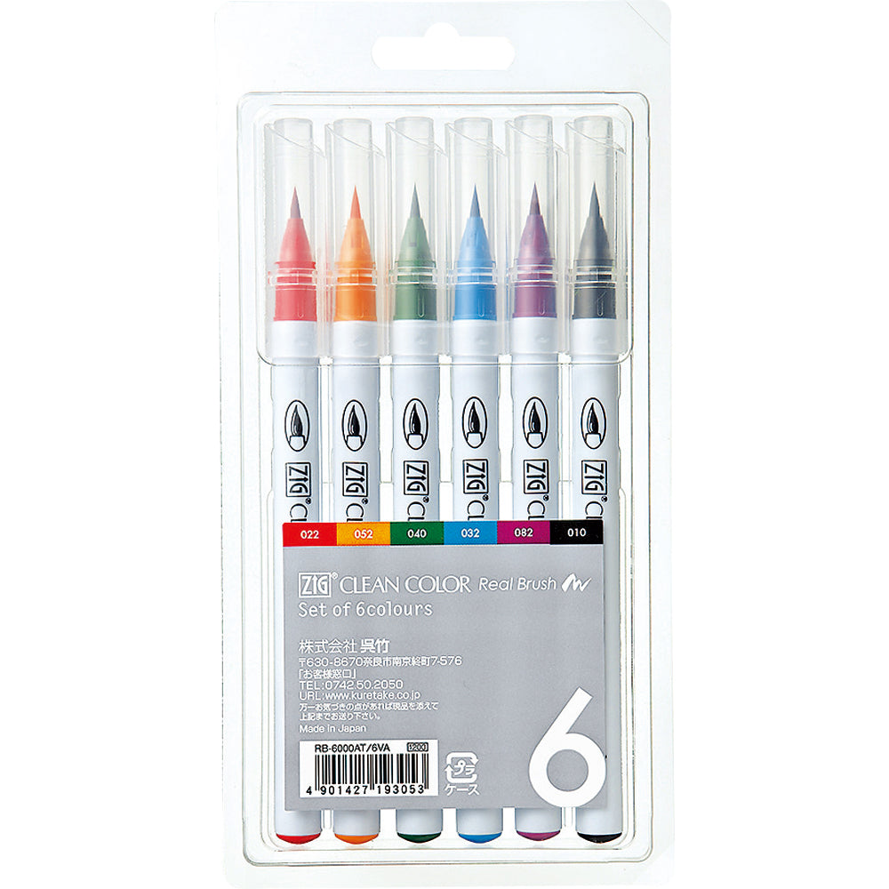 Kuretake ZIG CLEAN COLOR Real Brush, 6-Color Set (RB-6000AT/6VA)