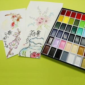 色が鮮やかで溶けが早く、きれいなにじみが特長の顔彩 「呉竹 顔彩耽美/48色セット」